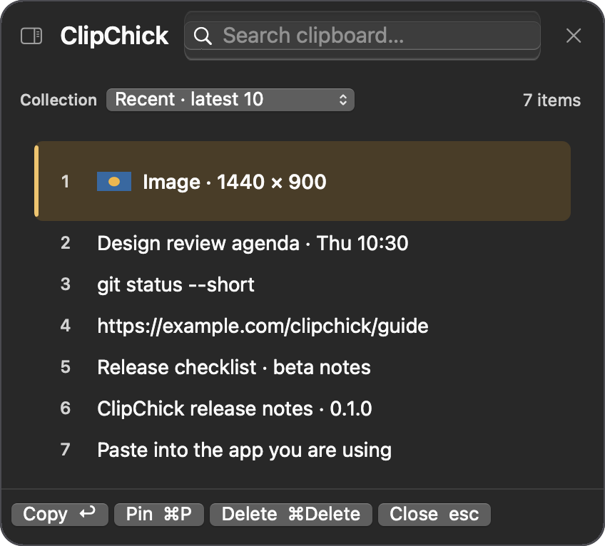 Actual ClipChick preview: a compact list of copied text and an image, with numbered rows and a search field.